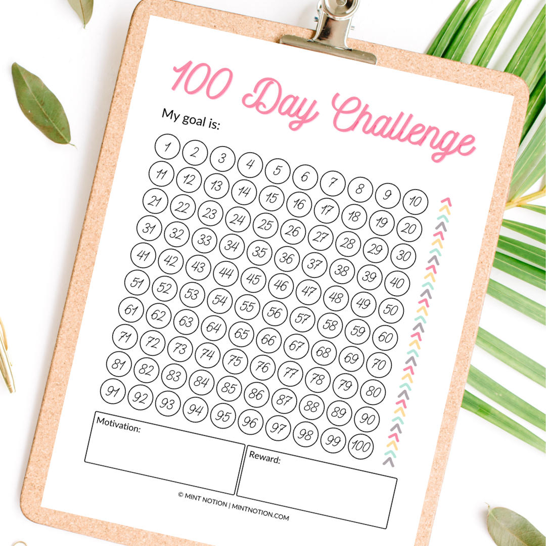 100 Day Challenge (Printable Tracker) – Mint Notion Shop for 100 Day Challenge Printable Free